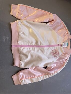 Pink and Cream Satin Bomber Jacket with Floral Patch